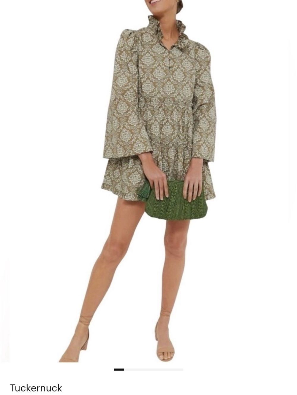 Tuckernuck Moss Green Cream Printed Mini Dress Preppy Resort